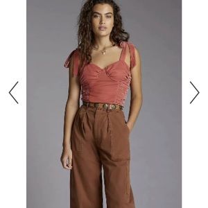 Anthropologie Pink Velvet Corset Top with Shoulder Ties